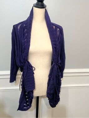Jennifer Lopez Cotton Open Front Tie Drapey Cardigan Sweater Purple Large